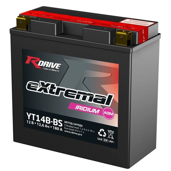 Аккумулятор мото Rdrive Extremal Iridium YT14B-BS 12 А/ч R